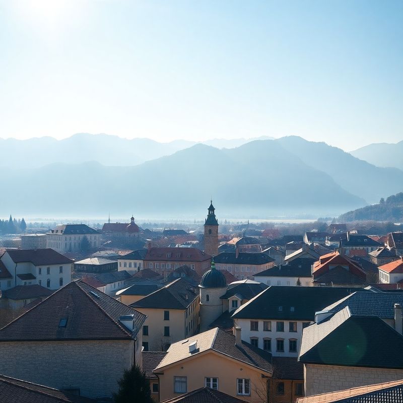 Zračni pogled na Kranj s Karavankami v ozadju
